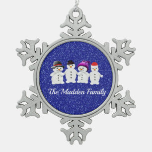 Family of Four Snowmen Blue Sparkle Winter Snowflake Pewter Christmas Ornament