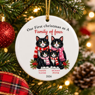 Family of four, tuxedo cat christmas personalized ceramic ornament