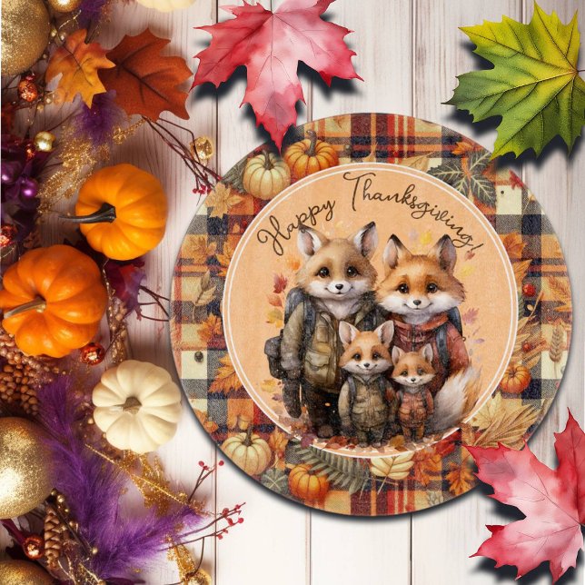 Family of Foxes Happy Thanksgiving Pumpkins Plaids Cutting Board (Creator Uploaded)