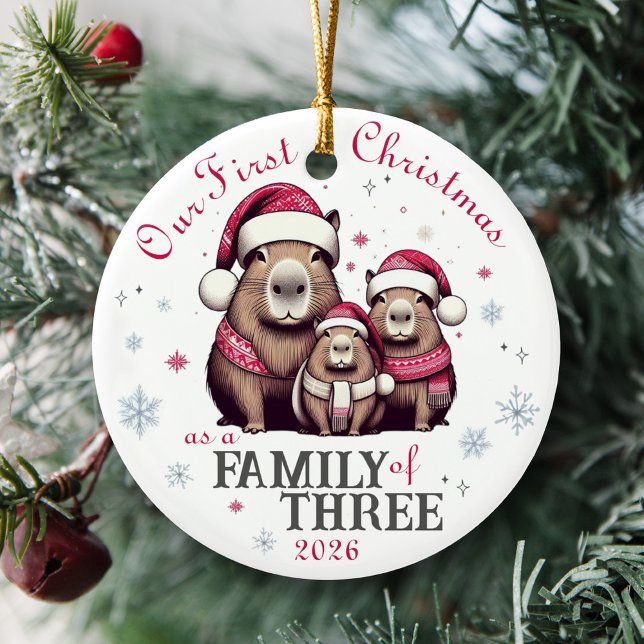 Family of Three Capybara Snowflake First Christmas Ceramic Ornament (Our first Christmas as a family of three Cute Capybara family ornament, baby's first Christmas)