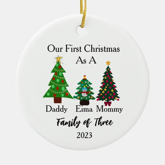 Family of Three Christmas, Personalized Christmas Ceramic Ornament (Front)
