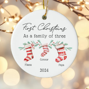 Family of Three Christmas Stockings Baby Photo Ceramic Ornament
