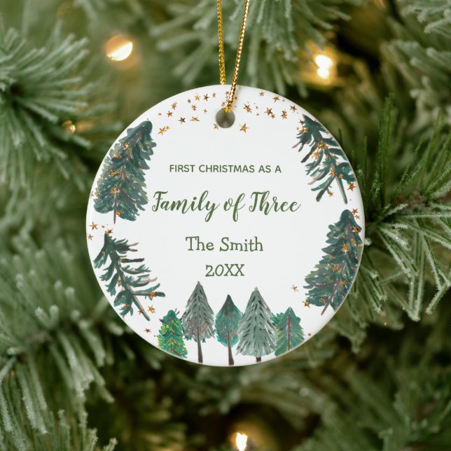 Family of Three  First Christmas as a Ceramic Ornament (Tree)