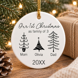 Family of Three Our First Christmas Tree Modern Ceramic Ornament
