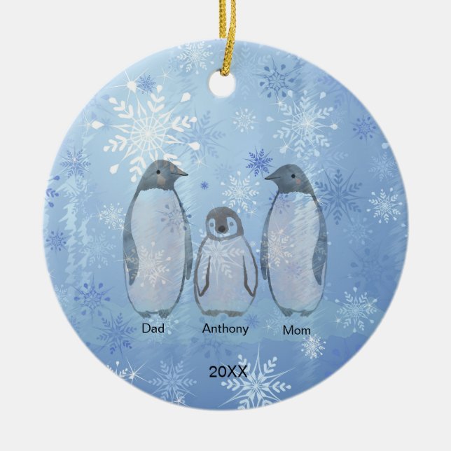 Family of Three Penguin Family Christmas Ceramic Ornament (Front)