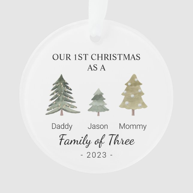 Family of Three Personalized Babys First Christmas Ornament (Front)