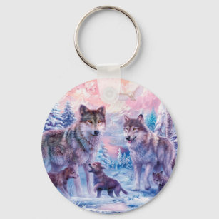 Family Of Wolves Painting Keychain