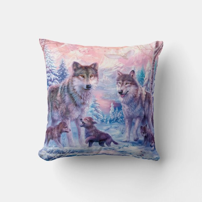 Family Of Wolves Painting Throw Pillow (Front)