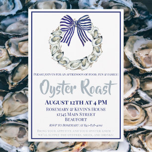Family Oyster Roast Oyster Wreath Blue White Bow Invitation