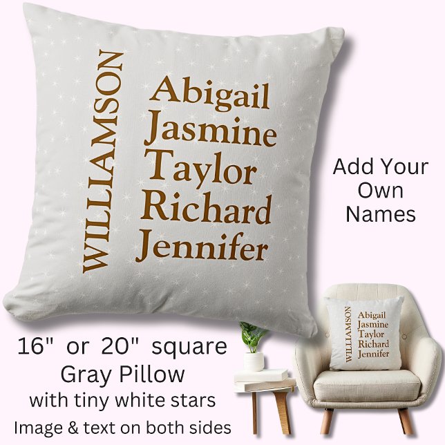 Family Parents Children Kids Names Surname Grey Throw Pillow (Creator Uploaded)