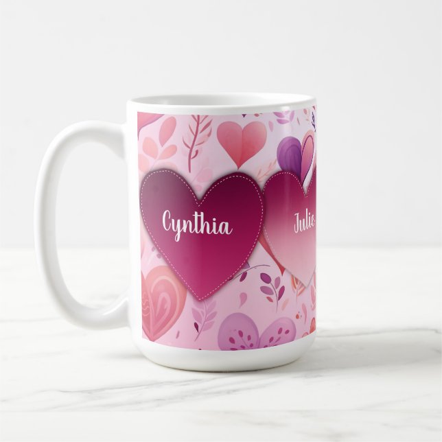 Family patched hearts on pattern with name coffee mug (Left)