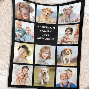 Family Personalized 11 Photo Collage Modern Black Fleece Blanket