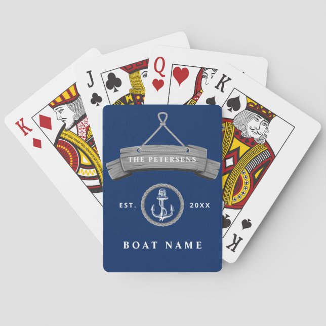 Family personalized boat name nautical navy blue playing cards (Back)