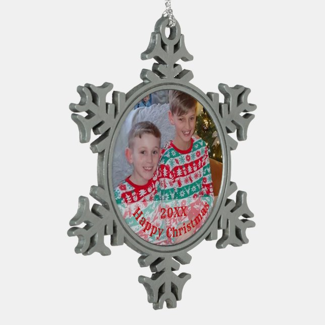 Family Personalized Photo Snowflake Pewter Christmas Ornament (Left)