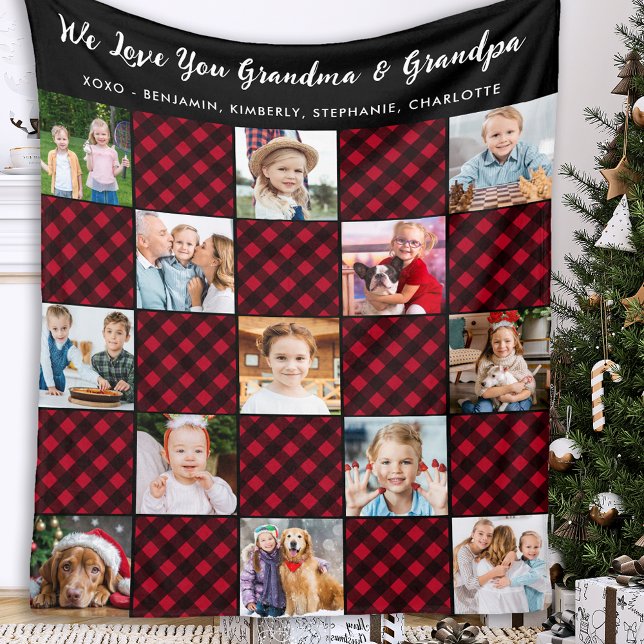Family Personalized Red Plaid Quilt 13 Picture Fleece Blanket (Creator Uploaded)