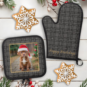 Family Pet Dog Photo Personalized Grey Plaid Oven Mitt & Pot Holder Set