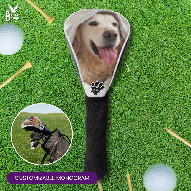 Family Pet Photo Monogram DRIVER Golf Head Cover (Stylish pet photo Golf Driver Head Cover with Customizable Monogram. Perfect for Golfer Gifts.)