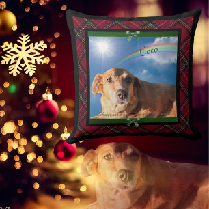 Family Pet Photo Red Tartan Plaid Rainbow Bridge Throw Pillow