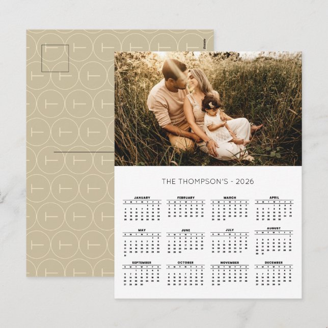 Family Photo 2026 Calendar 12 Month Monogram Holiday Postcard (Front/Back)
