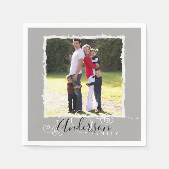 Family Photo Add Name Grey Napkin (Front)