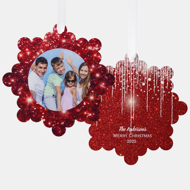 Family Photo and Name Red Glitter  Ornament Card (Front/Back)