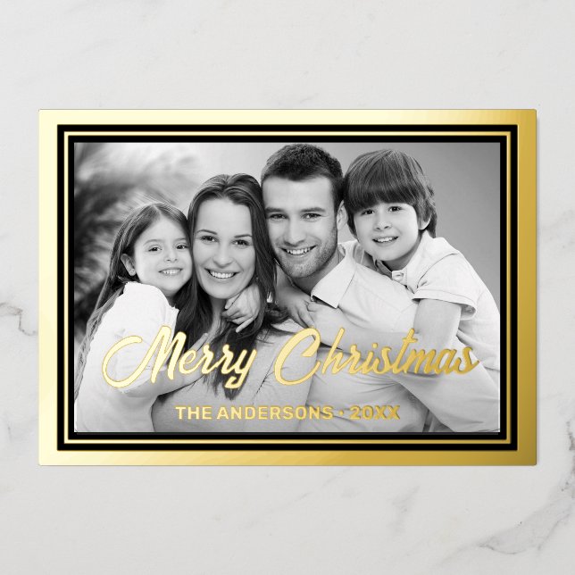 Family Photo | Auto Convert pic to Black and White Foil Holiday Card (Front)