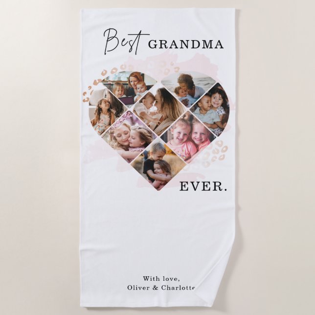 Family Photo Best Grandma Ever Heart Shape 8 Photo Beach Towel (Front)