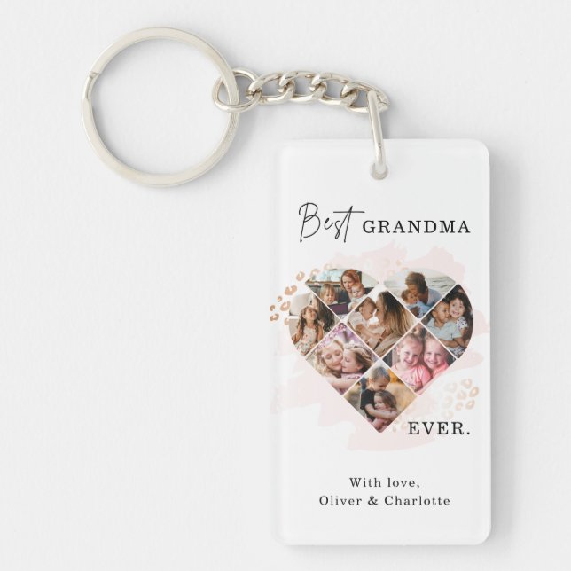 Family Photo Best Grandma Ever Heart Shape 8 Photo Keychain (Front)
