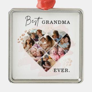 Family Photo Best Grandma Ever Heart Shape 8 Photo Metal Ornament
