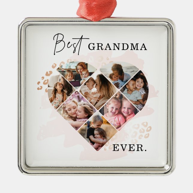 Family Photo Best Grandma Ever Heart Shape 8 Photo Metal Ornament (Front)