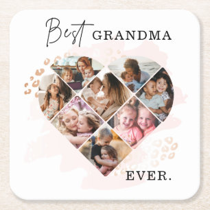 Family Photo Best Grandma Ever Heart Shape 8 Photo Square Paper Coaster