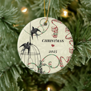 Family Photo Birds & Bird Cage on Damask Ceramic Ornament