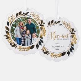Family Photo Black Gold Wreath Merriest Christmas  Ornament Card