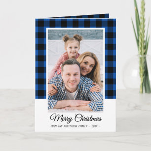 Family Photo Blue Buffalo Plaid Merry Christmas Card