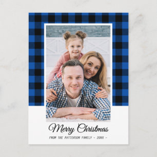 Family Photo Blue Buffalo Plaid Merry Christmas Postcard