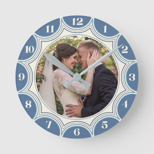 Family Photo Blue Coastal Sunburst Personalized Round Clock (Front)