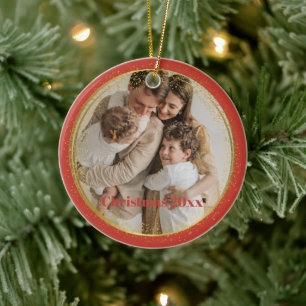 Family Photo Burgundy and Gold Custom Christmas Ceramic Ornament