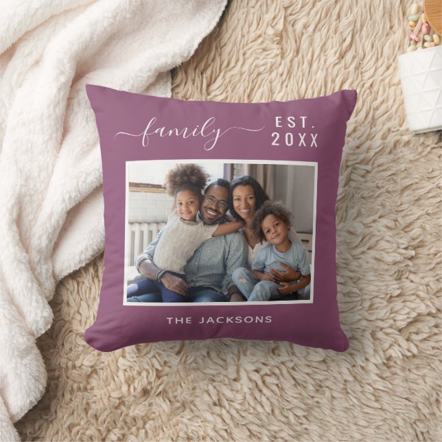 Family photo burgundy name script throw pillow (Blanket)