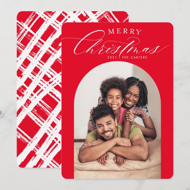 FAMILY PHOTO CARD merry christmas arch frame RED (Front/Back)