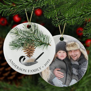 Family Photo Chickadee on Pine Sprig Christmas Ceramic Ornament