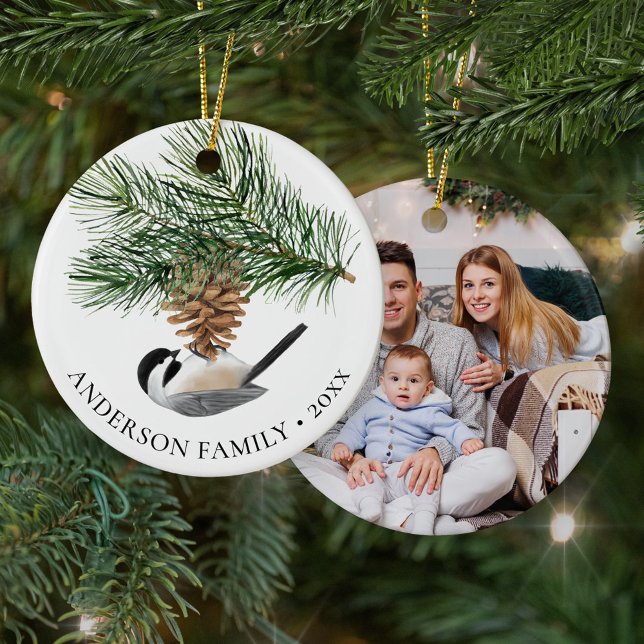 Family Photo Chickadee Pine Cone Christmas  Ceramic Ornament (Creator Uploaded)