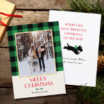 Family Photo Christmas Custom Green Flat Holiday Card<br><div class="desc">Vintage style Christmas card,  ready for you to personalize with your own favourite photo! Featuring a traditional Buffalo Plaid check pattern in green and black,  and a festive dog illustration on the back. The text on the front and back can be customized.</div>