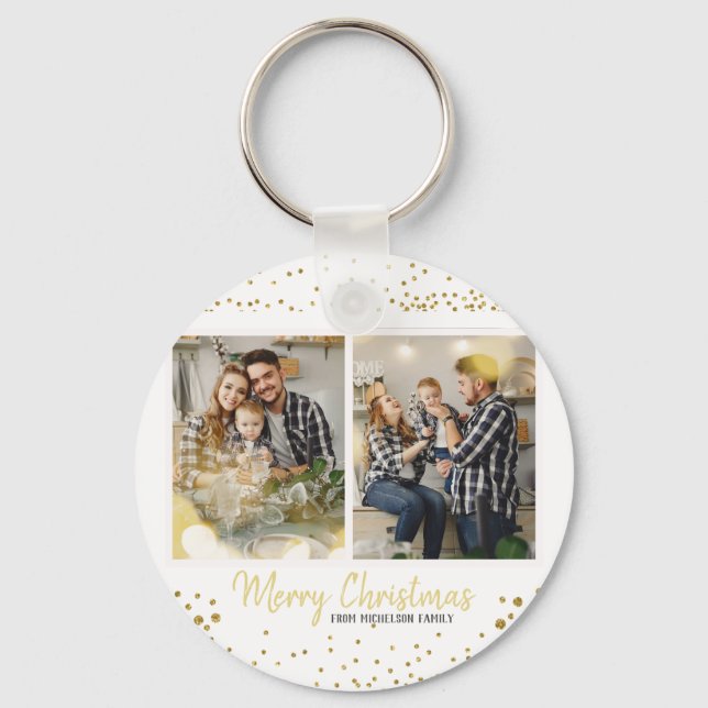 Family Photo Christmas Gold Confetti  Keychain (Front)