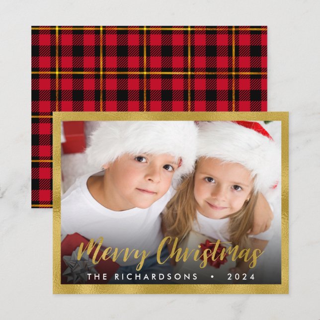 Family Photo Christmas Gold Foil Script Holiday Card (Front/Back)