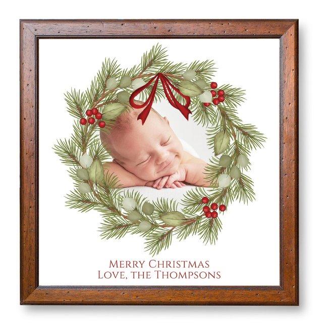 Family Photo Christmas Greenery Template Print (Simple Christmas photo poster template. )