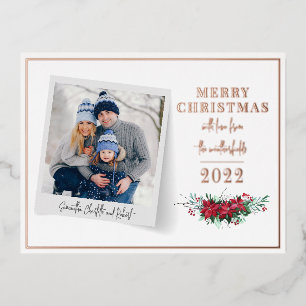 Family Photo Christmas Holidays Floral Rose Gold Foil Holiday Postcard