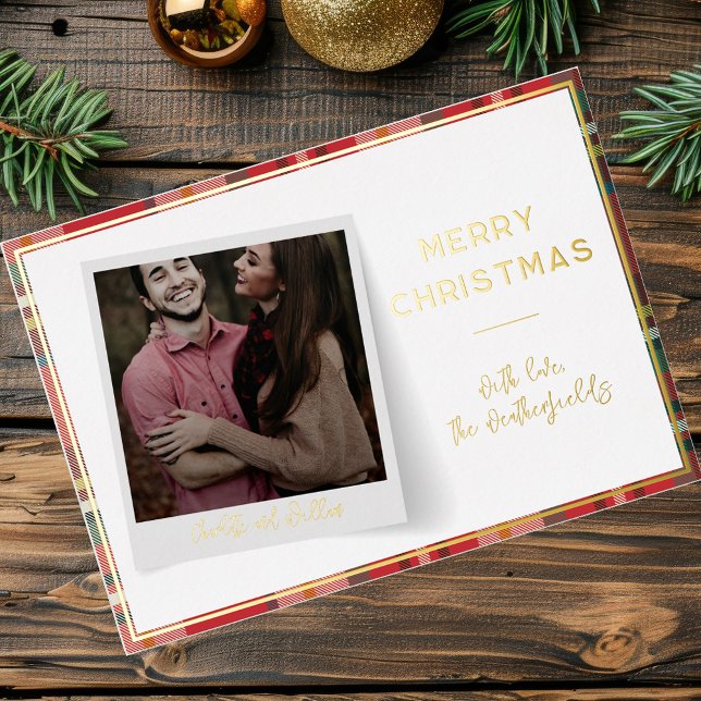 Family Photo Christmas Holidays Script Gold Foil Holiday Card (Christmas Photo Family Red Plaid Gold Foil Greetings)