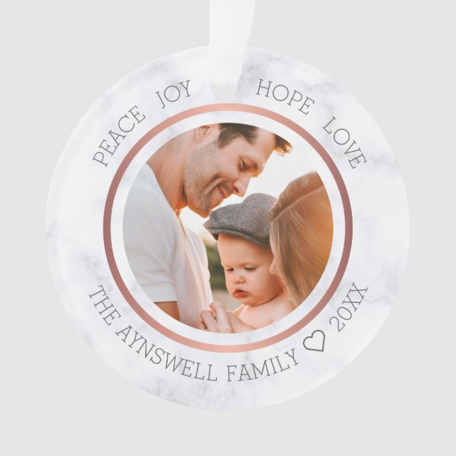 Family Photo Christmas Modern Elegant Marble Ornament (Front)