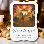Family Photo Christmas Nativity Glory to God Card<br><div class="desc">Personalize the front of this elegant Christmas card by adding your favourite family photo, name and custom holiday message. This trendy religious Christmas card features a traditional nativity scene with "Glory to God" displayed in elegant calligraphy script on the front of the card. Customize back of card with your photo...</div>