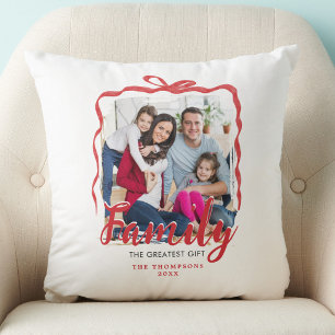 Family Photo Christmas Red Bow Holiday Keepsake Throw Pillow